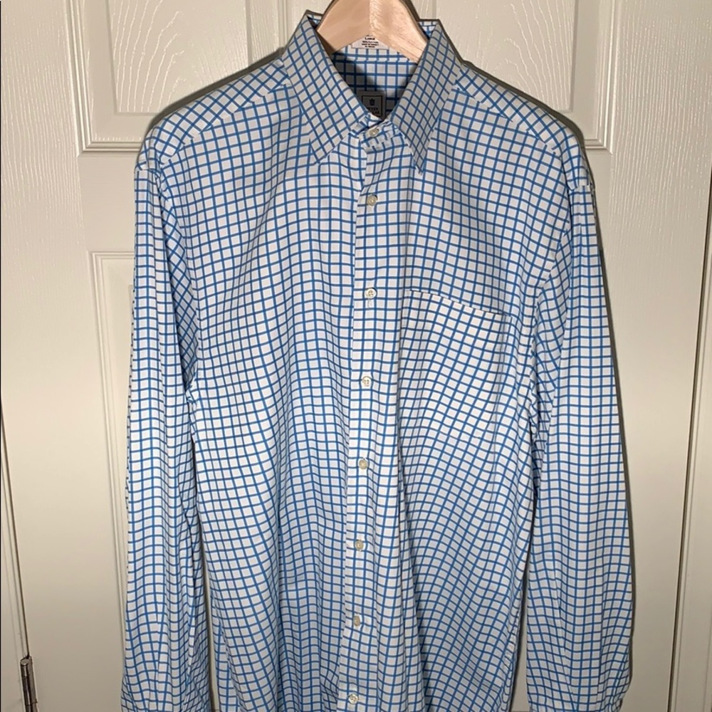 Men’s L 36 16.5 Light Blue Checked Dress Shirt
